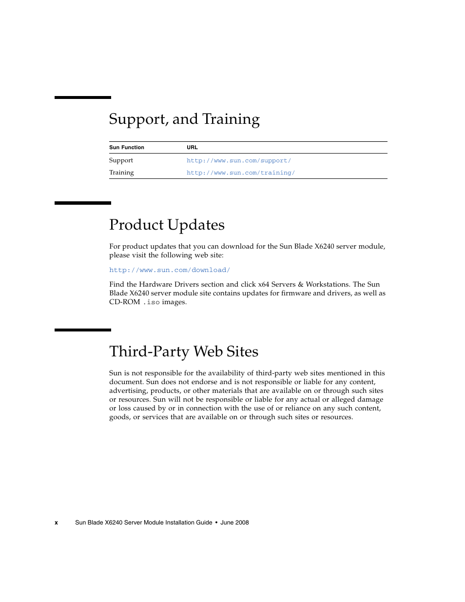 Support, and training product updates, Third-party web sites | Sun Microsystems X6240 User Manual | Page 10 / 72