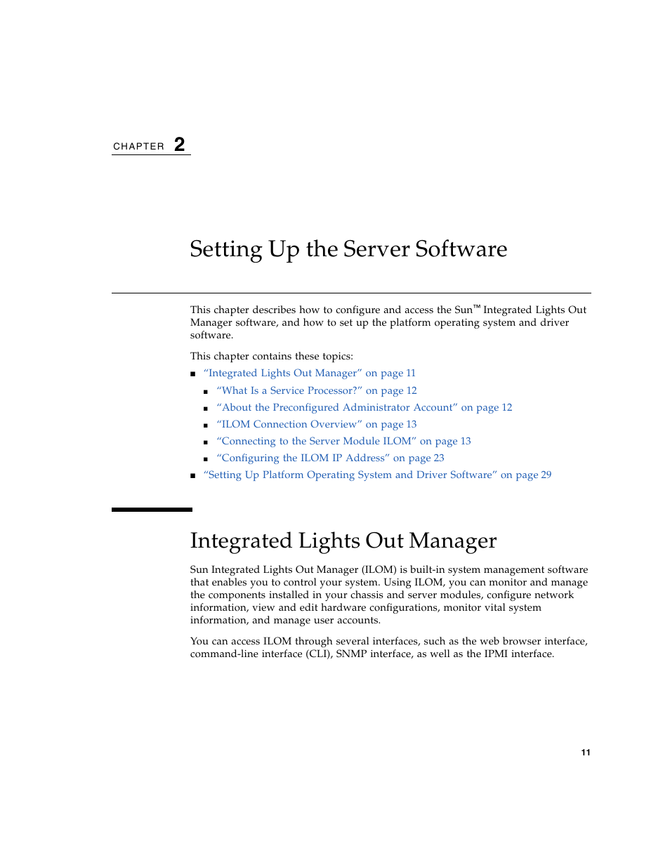 Setting up the server software, Integrated lights out manager, Setting up the server | Sun Microsystems X6240 User Manual | Page 23 / 72