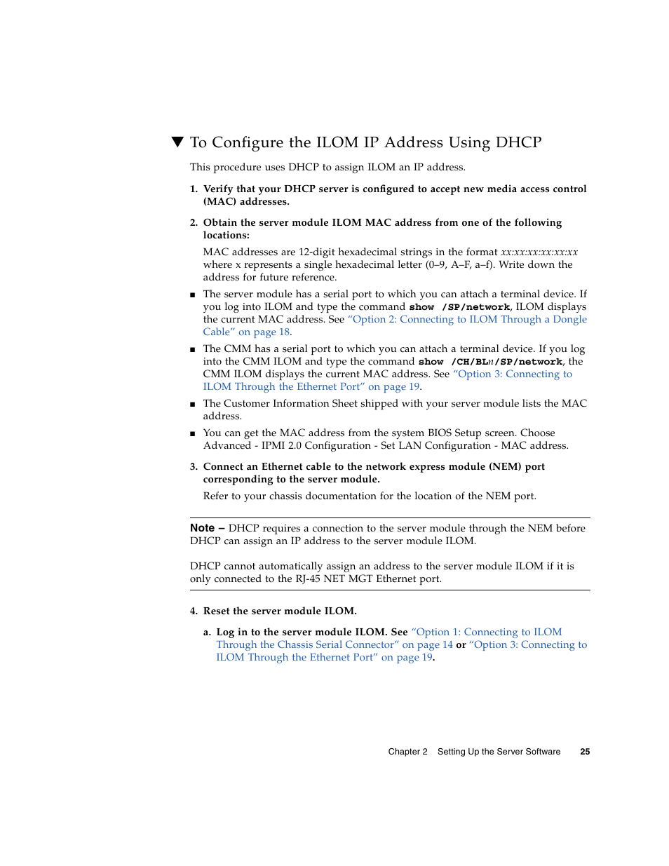 To configure the ilom ip address using dhcp | Sun Microsystems X6240 User Manual | Page 37 / 72