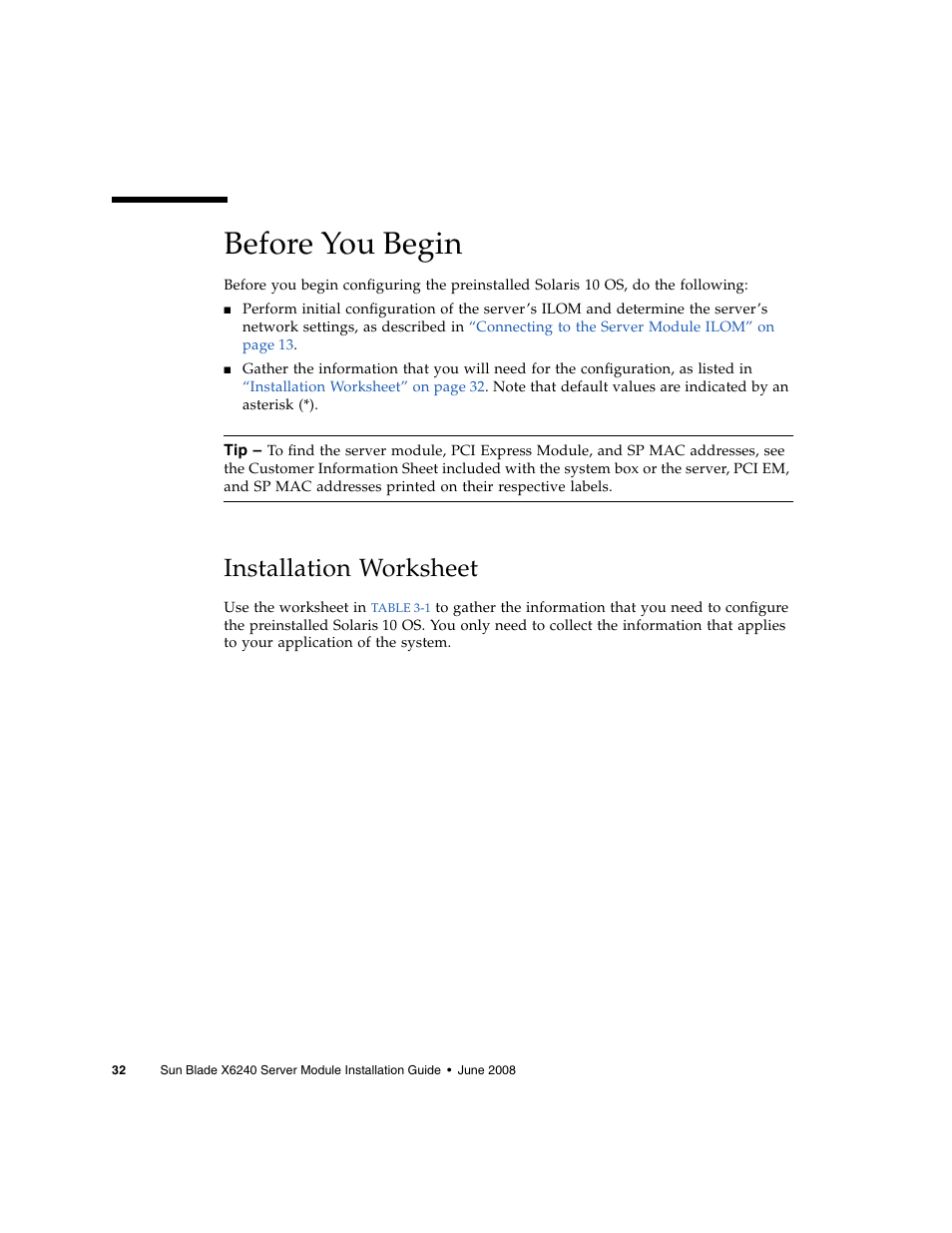 Before you begin, Installation worksheet | Sun Microsystems X6240 User Manual | Page 44 / 72