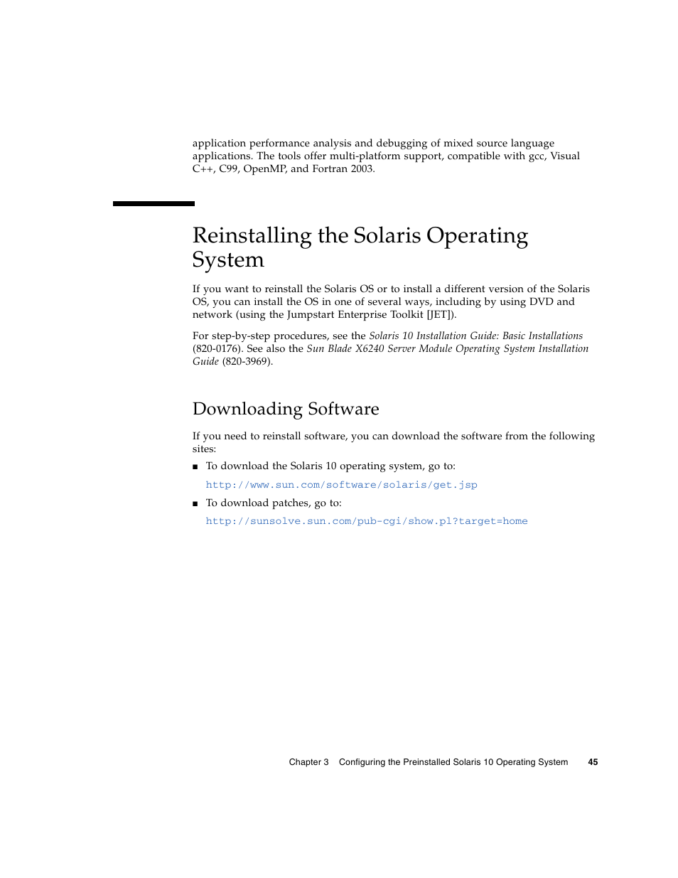 Reinstalling the solaris operating system, Downloading software | Sun Microsystems X6240 User Manual | Page 57 / 72