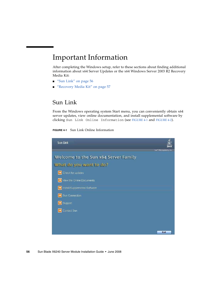 Important information, Sun link | Sun Microsystems X6240 User Manual | Page 68 / 72