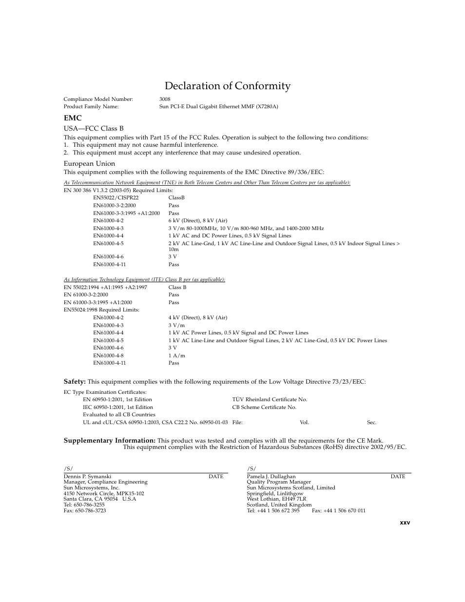 Declaration of conformity, Usa-fcc class b, European union | Sun Microsystems Gigabit Ethernet MMF/UTP Adapter User Manual | Page 25 / 122