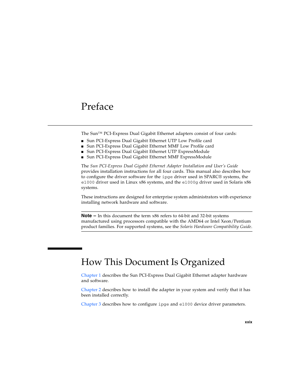 Preface, How this document is organized | Sun Microsystems Gigabit Ethernet MMF/UTP Adapter User Manual | Page 29 / 122