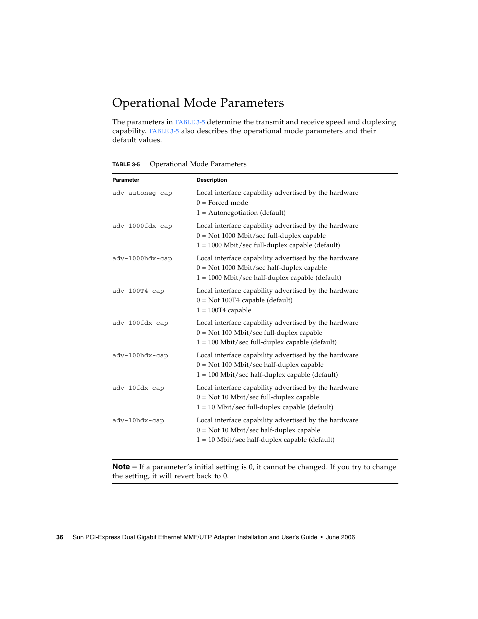 Operational mode parameters | Sun Microsystems Gigabit Ethernet MMF/UTP Adapter User Manual | Page 70 / 122