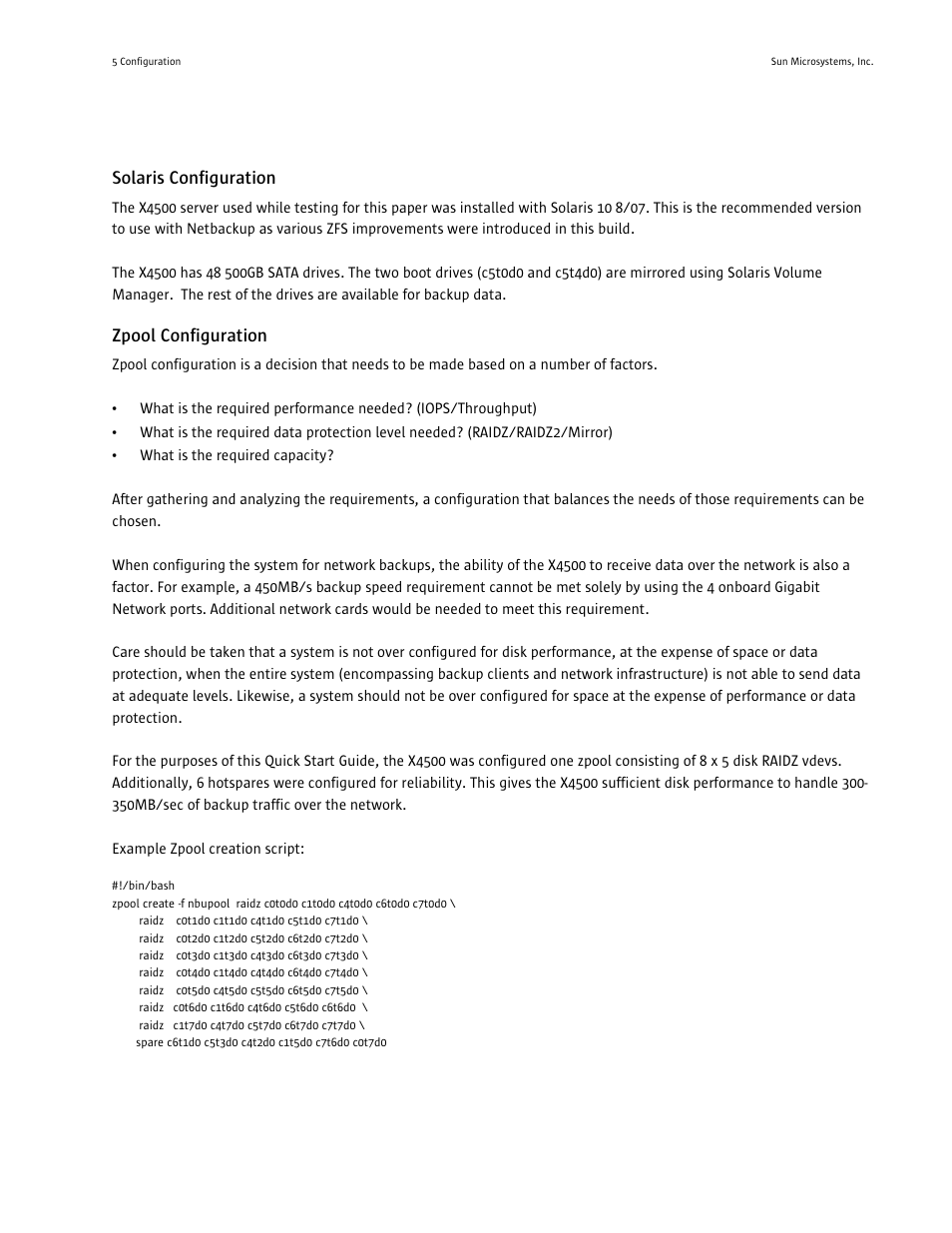 Solaris configuration, Zpool configuration | Sun Microsystems SUN FIRE X4500 User Manual | Page 6 / 20