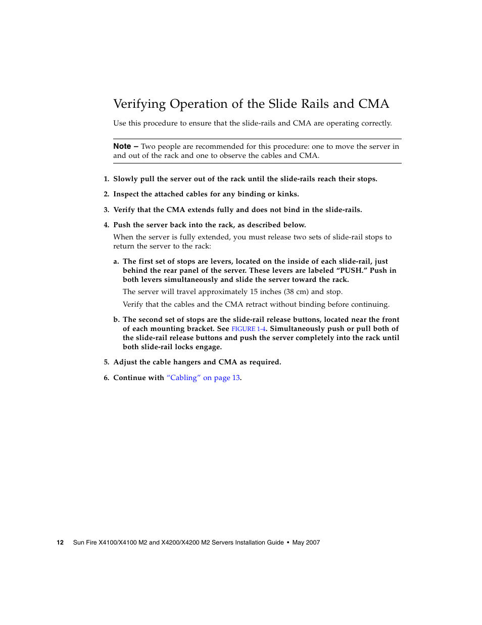 Verifying operation of the slide rails and cma | Sun Microsystems Sun Fire X4100 M2 User Manual | Page 20 / 50