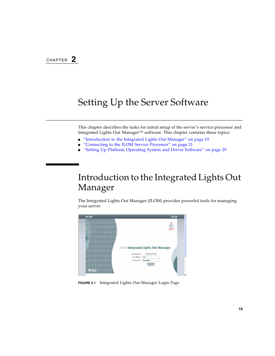 Setting up the server software, Introduction to the integrated lights out manager, Chapter 2 | Sun Microsystems Sun Fire X4100 M2 User Manual | Page 27 / 50