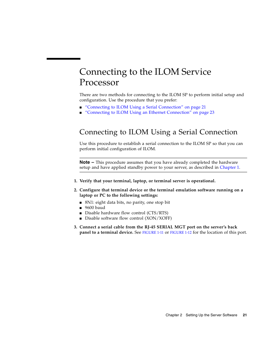 Connecting to the ilom service processor, Connecting to ilom using a serial connection | Sun Microsystems Sun Fire X4100 M2 User Manual | Page 29 / 50