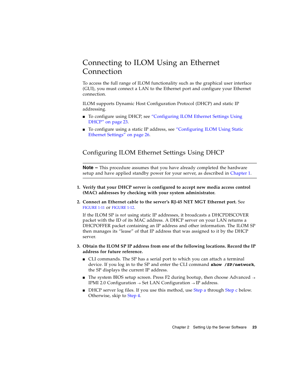 Connecting to ilom using an ethernet connection, Configuring ilom ethernet settings using dhcp | Sun Microsystems Sun Fire X4100 M2 User Manual | Page 31 / 50