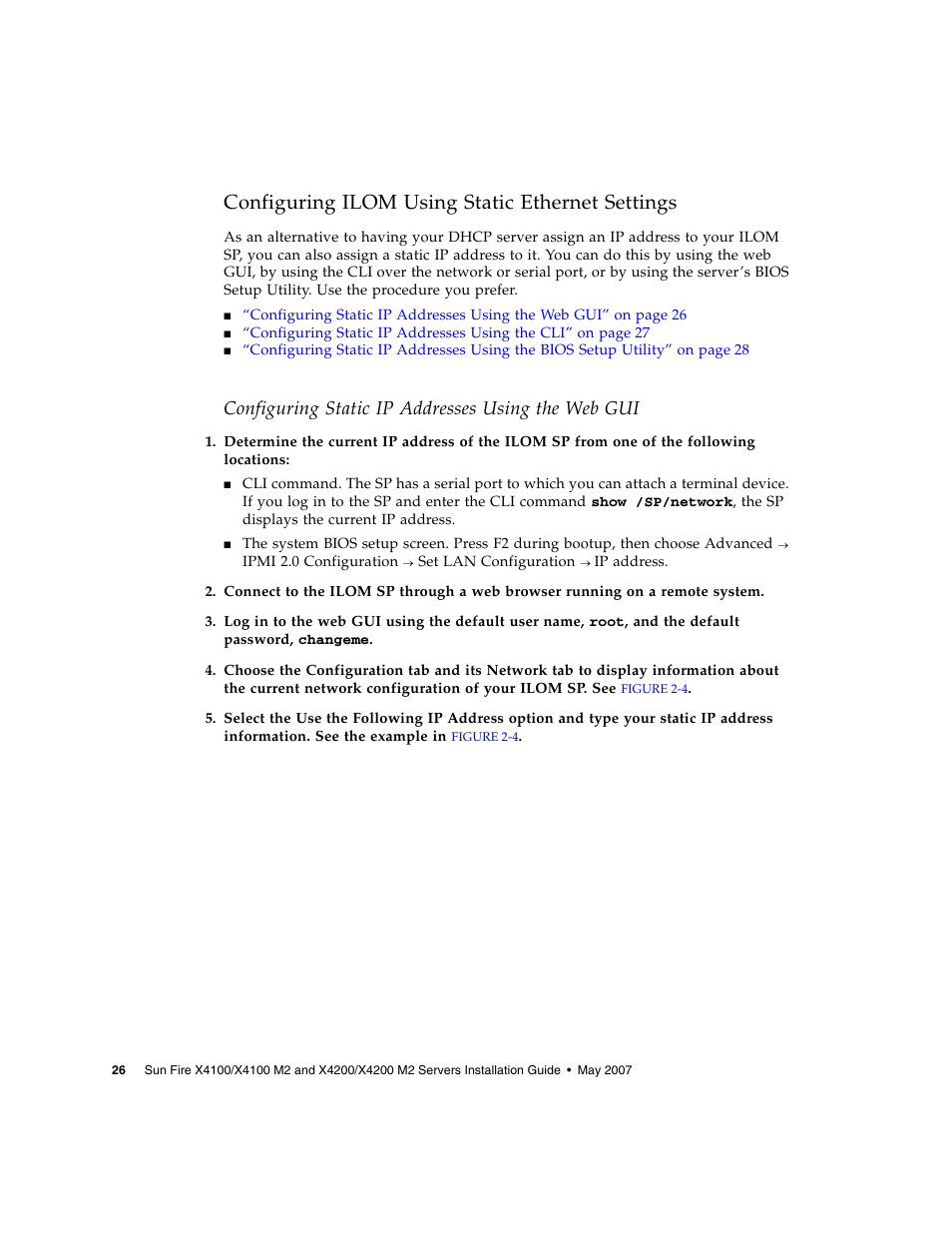 Configuring ilom using static ethernet settings, Configuring ilom using static, Configuring static ip addresses using the web gui | Sun Microsystems Sun Fire X4100 M2 User Manual | Page 34 / 50