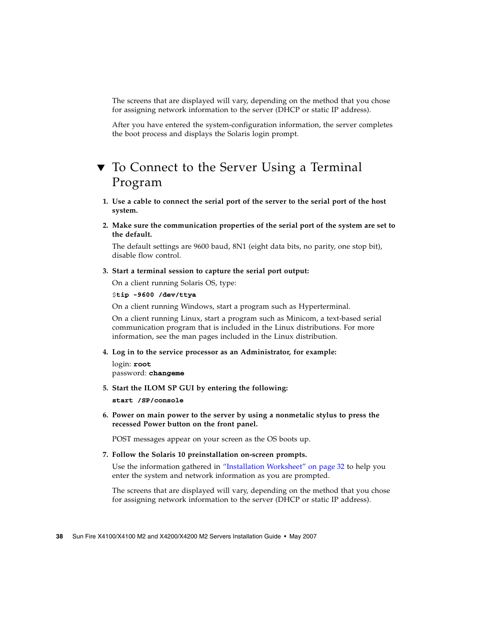 To connect to the server using a terminal program | Sun Microsystems Sun Fire X4100 M2 User Manual | Page 46 / 50