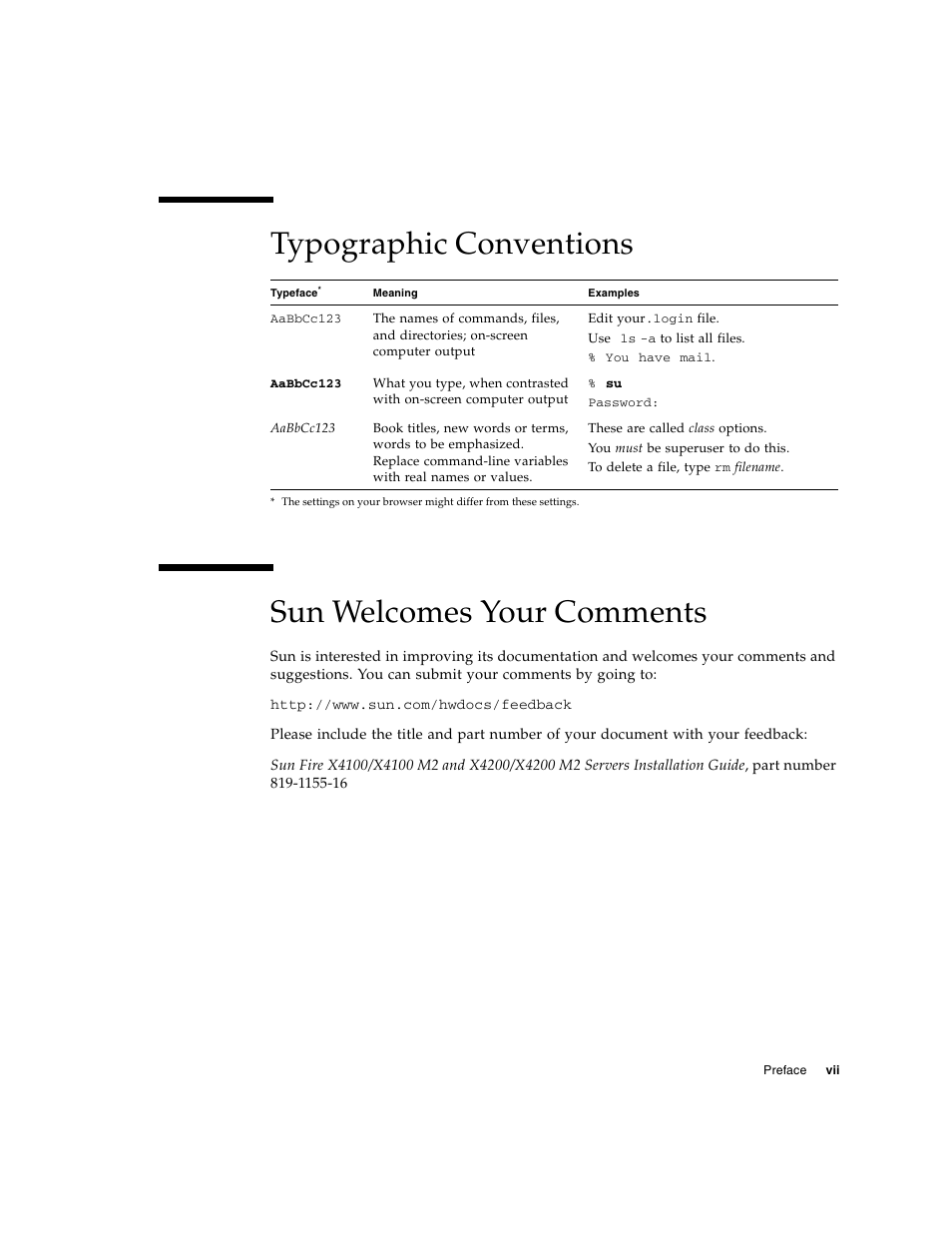 Typographic conventions, Sun welcomes your comments, Typographic conventions sun welcomes your comments | Sun Microsystems Sun Fire X4100 M2 User Manual | Page 7 / 50