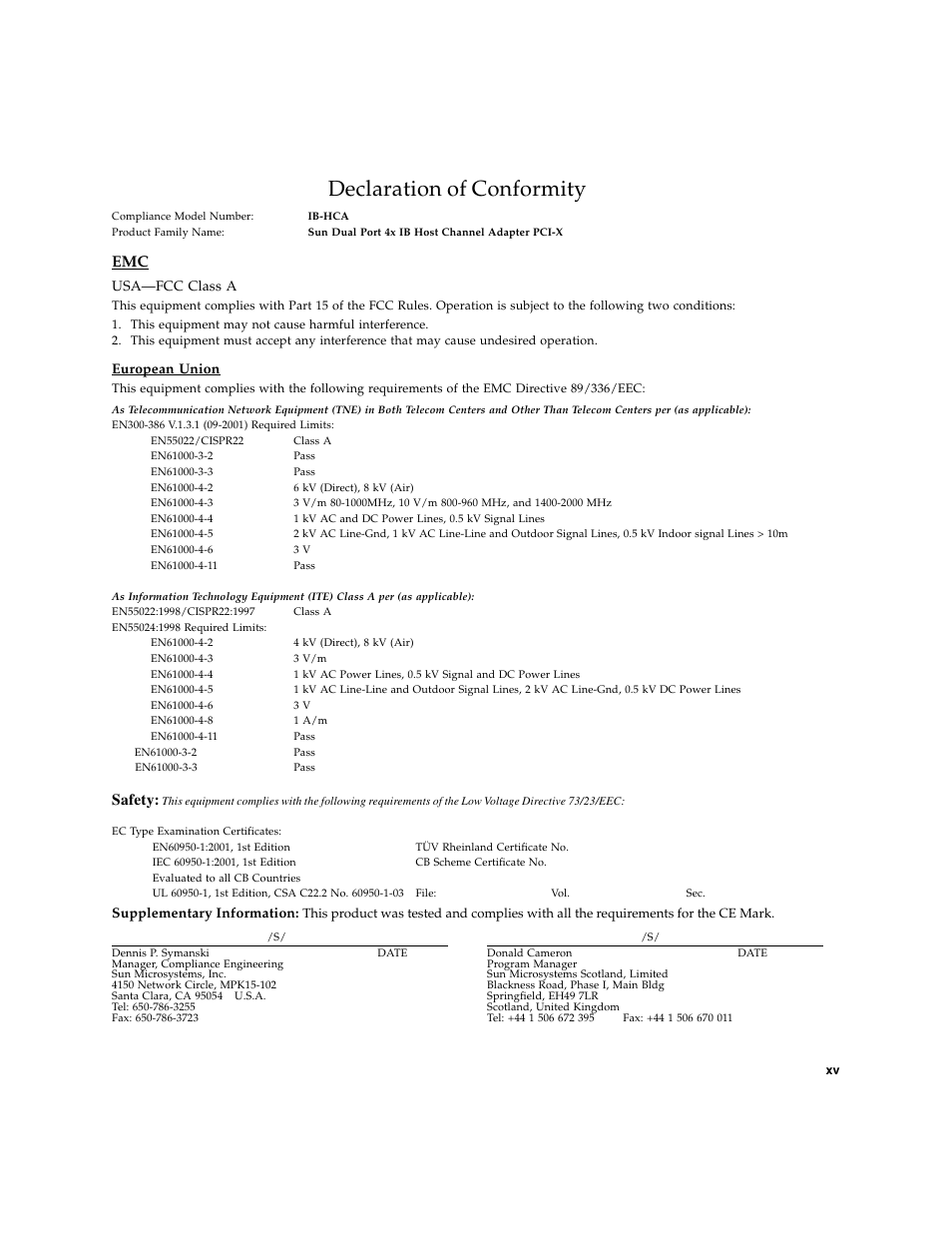 Declaration of conformity, Usa-fcc class a, European union | Safety, Usa—fcc class a, Supplementary information | Sun Microsystems PCI User Manual | Page 15 / 50