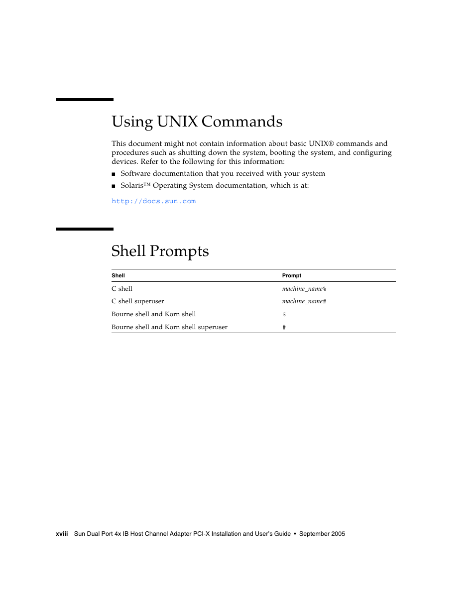 Using unix commands, Xviii, Shell prompts | Sun Microsystems PCI User Manual | Page 18 / 50