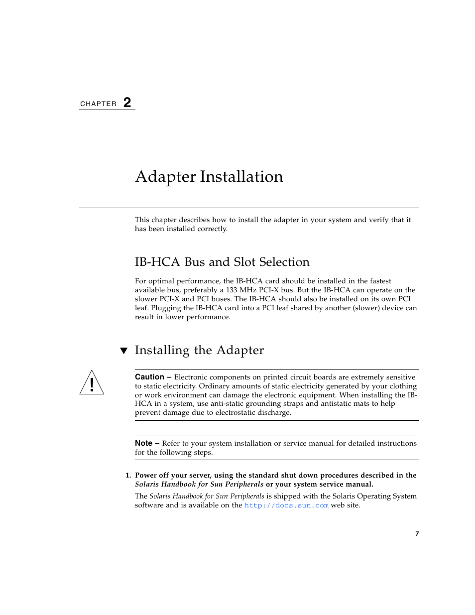 Adapter installation, Ib-hca bus and slot selection, Installing the adapter | Chapter 2 | Sun Microsystems PCI User Manual | Page 29 / 50