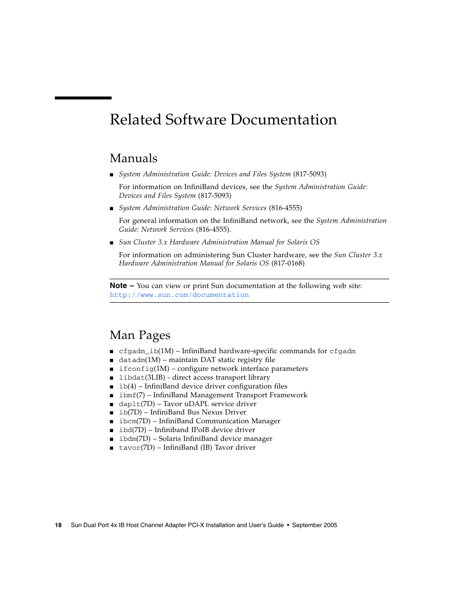 Related software documentation, Manuals, Man pages | Sun Microsystems PCI User Manual | Page 40 / 50