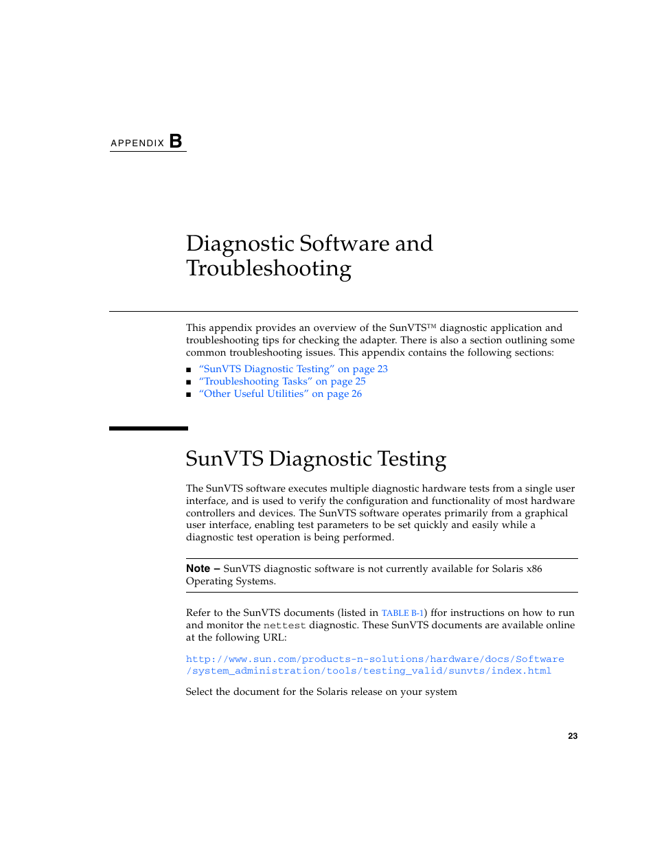 Diagnostic software and troubleshooting, Sunvts diagnostic testing, Appendix b | Diagnostic software and | Sun Microsystems PCI User Manual | Page 43 / 50