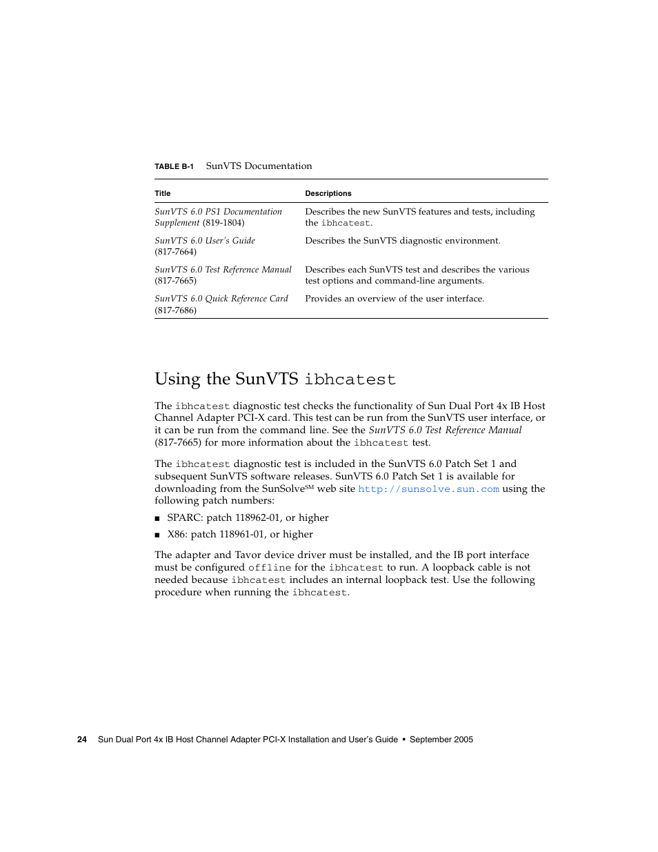 Using the sunvts ibhcatest, Using the sunvts, Table b-1 | Sun Microsystems PCI User Manual | Page 44 / 50