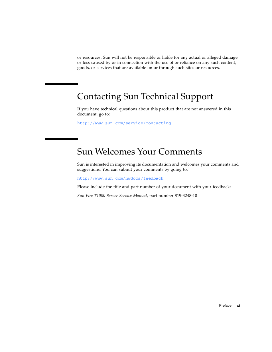Contacting sun technical support, Sun welcomes your comments | Sun Microsystems Sun Fire T1000 User Manual | Page 11 / 90