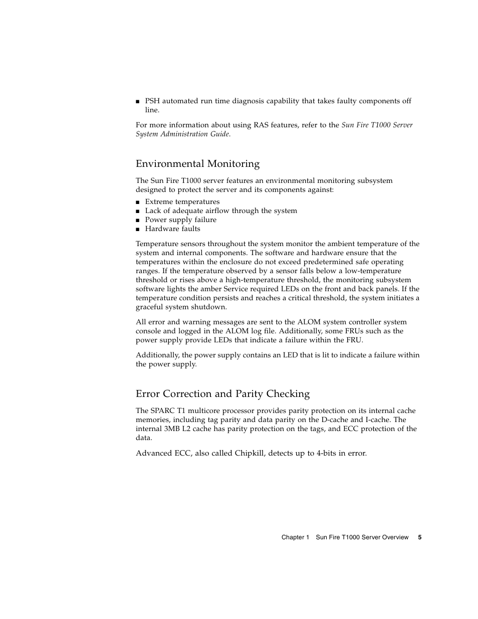 Environmental monitoring, Error correction and parity checking | Sun Microsystems Sun Fire T1000 User Manual | Page 17 / 90