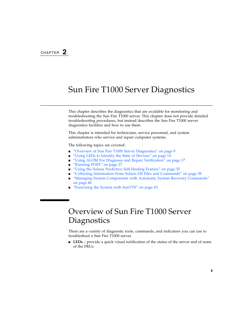 Sun fire t1000 server diagnostics, Overview of sun fire t1000 server diagnostics, Chapter 2 | Sun Microsystems Sun Fire T1000 User Manual | Page 21 / 90