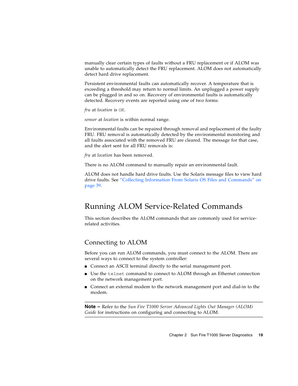 Running alom service-related commands, Connecting to alom | Sun Microsystems Sun Fire T1000 User Manual | Page 31 / 90