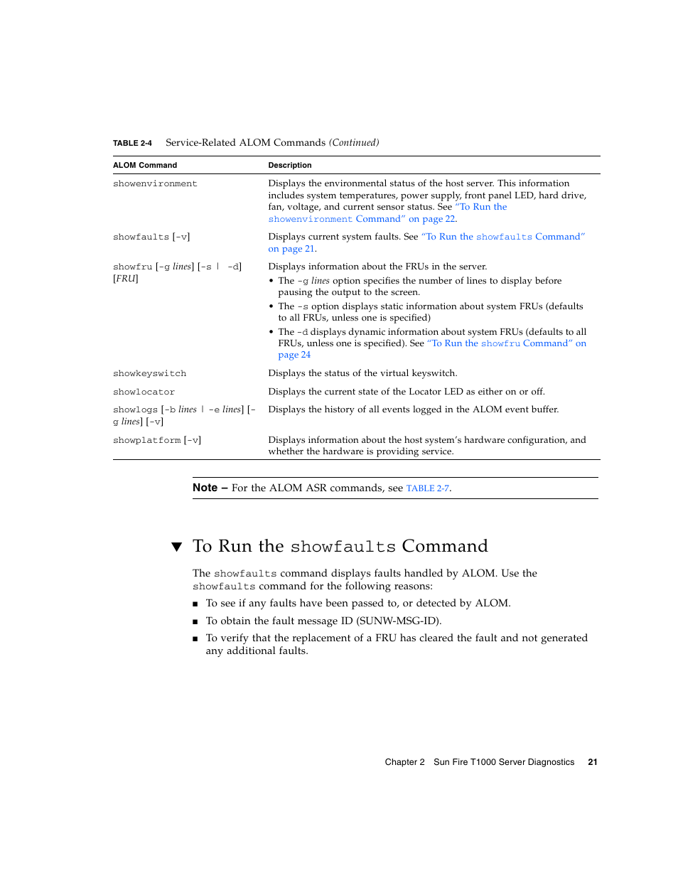 To run the showfaults command, To run the showfaults | Sun Microsystems Sun Fire T1000 User Manual | Page 33 / 90