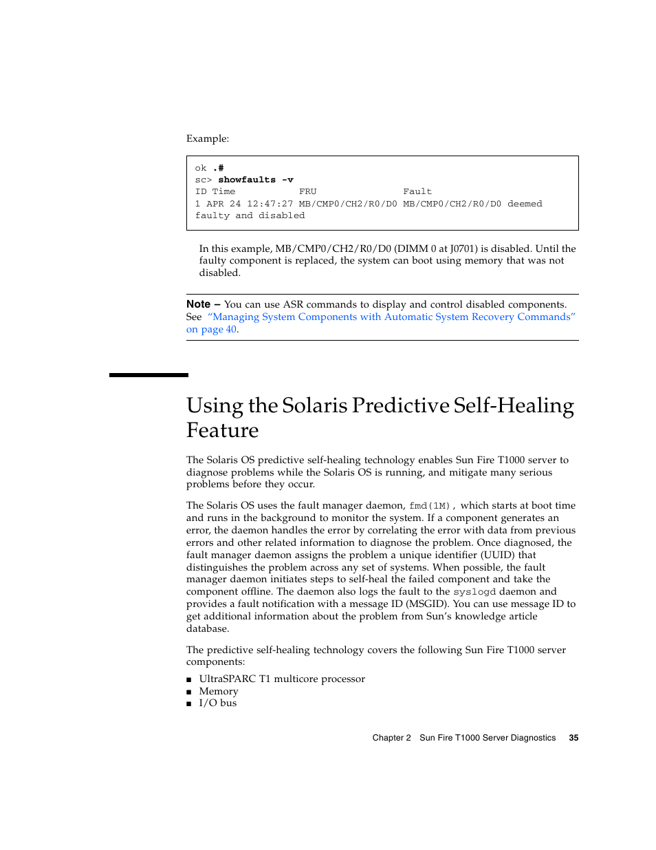 Using the solaris predictive self-healing feature | Sun Microsystems Sun Fire T1000 User Manual | Page 47 / 90