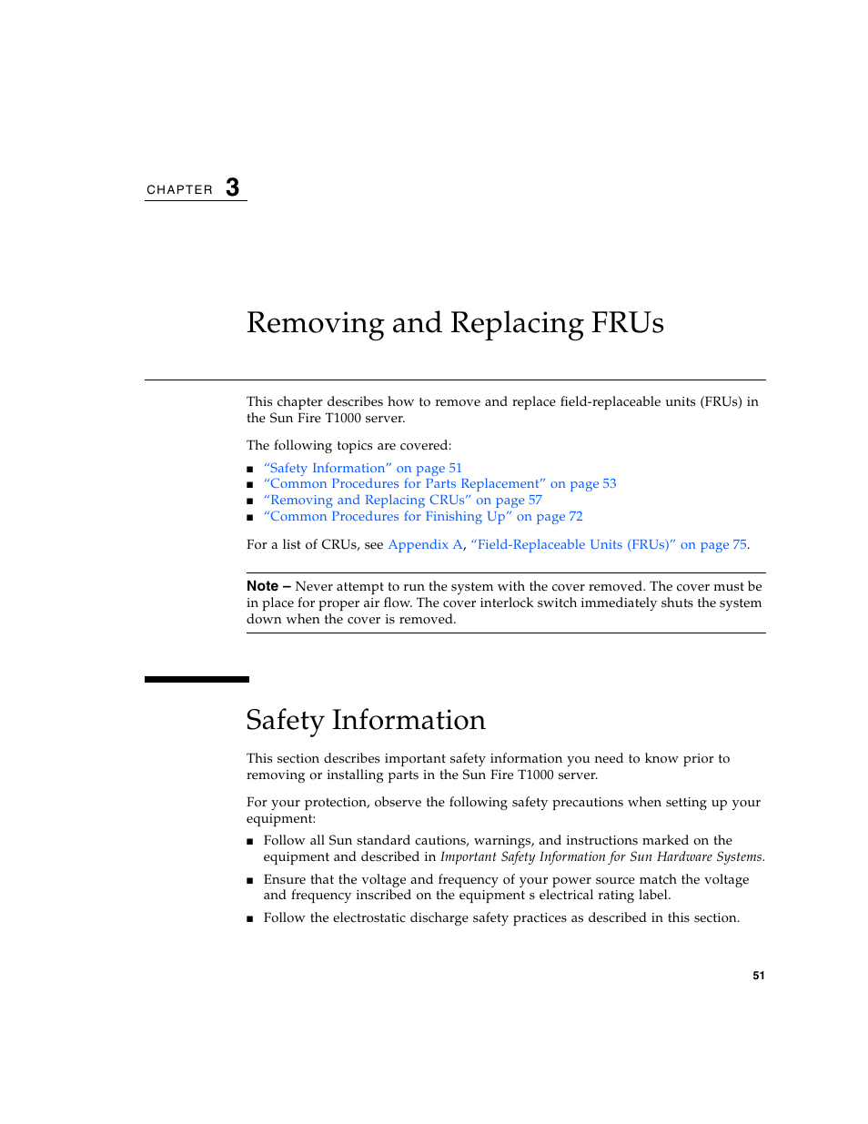 Removing and replacing frus, Safety information, Chapter 3 | Sun Microsystems Sun Fire T1000 User Manual | Page 63 / 90