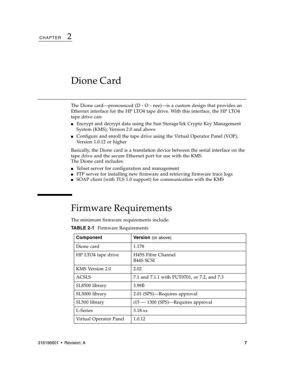 2) dione card, Firmware requirements, Dione card 7 | Dione card | Sun Microsystems StorageTek HP LTO4 User Manual | Page 15 / 38