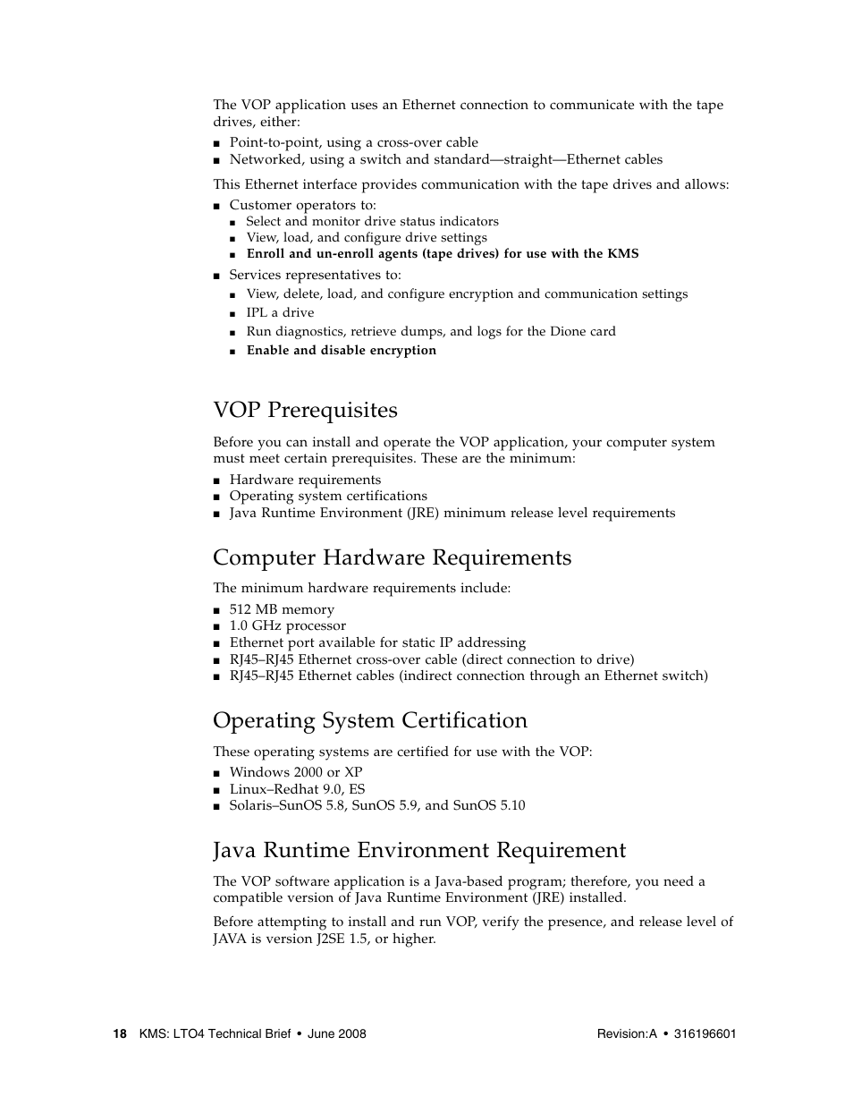 Vop prerequisites, Computer hardware requirements, Operating system certification | Java runtime environment requirement, Vop prerequisites 18, Computer hardware requirements 18, Operating system certification 18, Java runtime environment requirement 18 | Sun Microsystems StorageTek HP LTO4 User Manual | Page 26 / 38