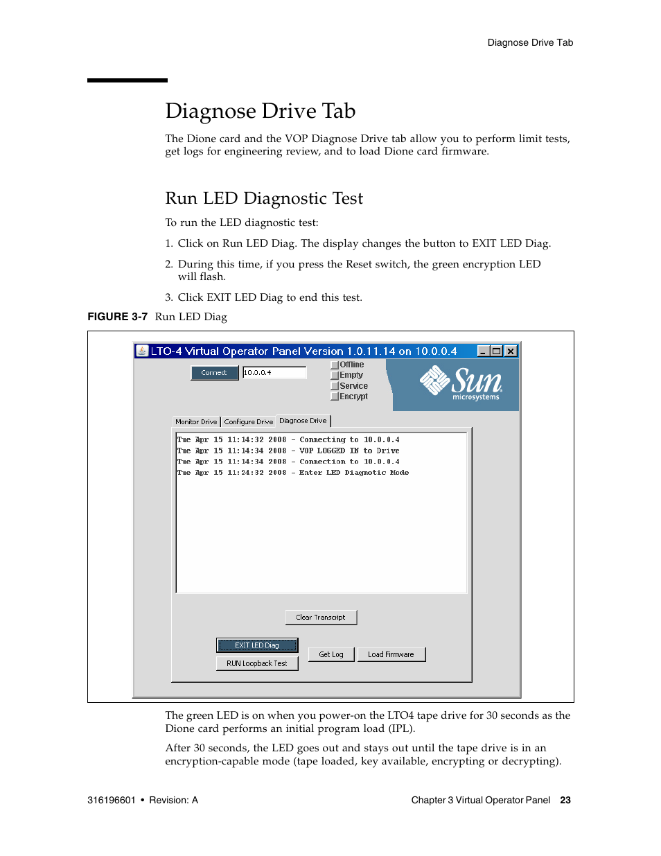 Diagnose drive tab, Run led diagnostic test, Diagnose drive tab 23 | Run led diagnostic test 23 | Sun Microsystems StorageTek HP LTO4 User Manual | Page 31 / 38