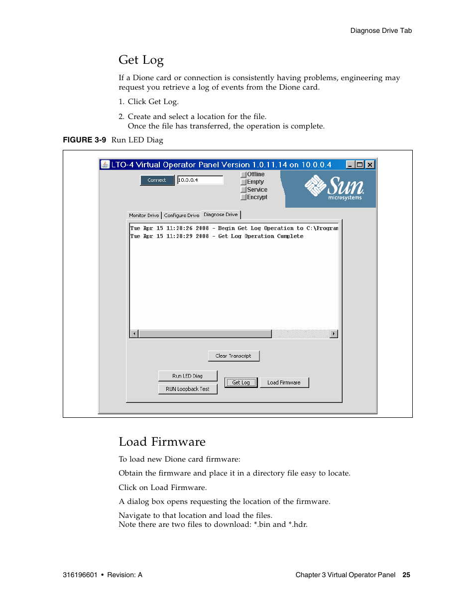 Get log, Load firmware, Get log 25 | Load firmware 25 | Sun Microsystems StorageTek HP LTO4 User Manual | Page 33 / 38