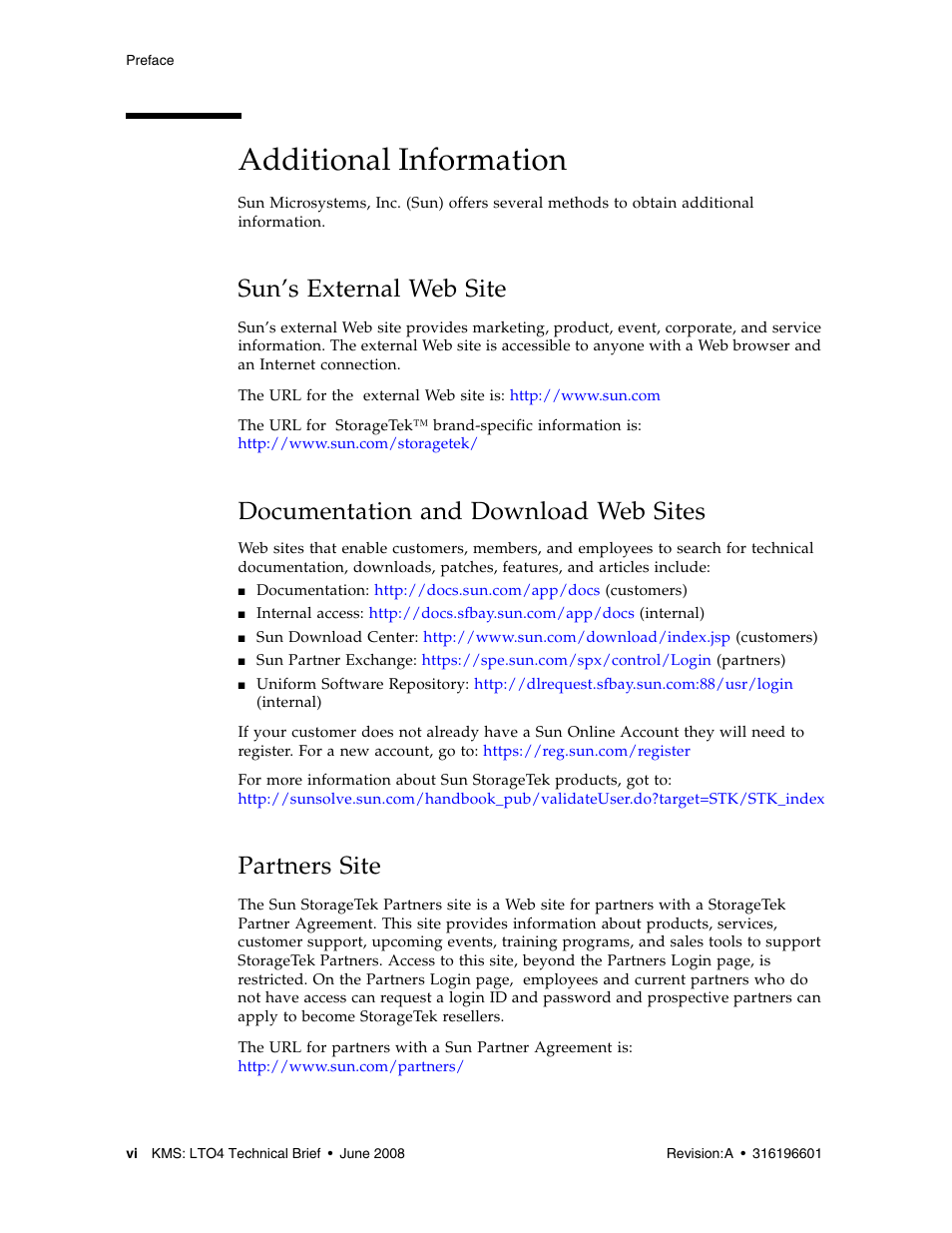 Additional information, Sun’s external web site, Documentation and download web sites | Partners site, Additional information vi | Sun Microsystems StorageTek HP LTO4 User Manual | Page 8 / 38