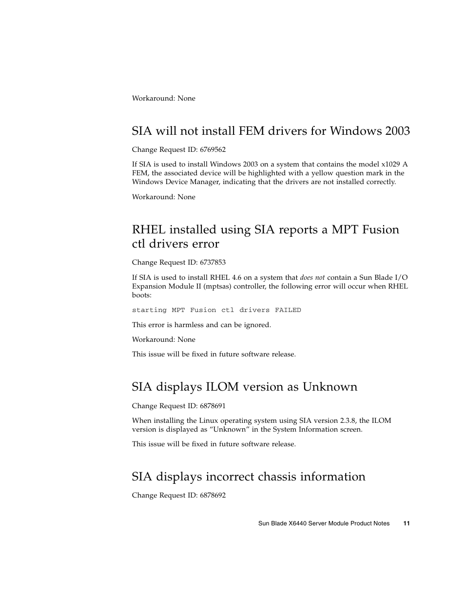 Sia will not install fem drivers for windows 2003, Sia displays ilom version as unknown, Sia displays incorrect chassis information | Sun Microsystems SUN BLADETM X6440 User Manual | Page 13 / 28