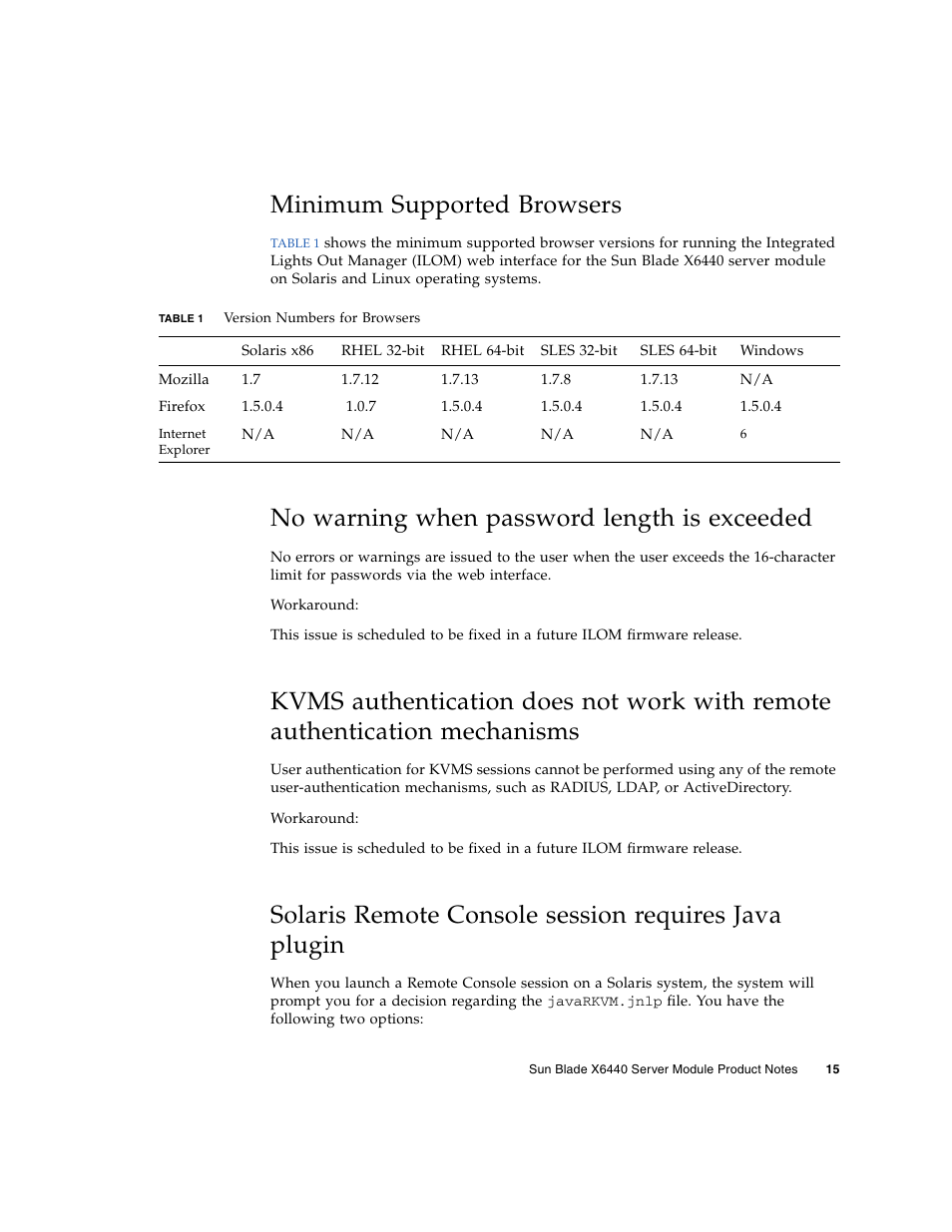 Minimum supported browsers, No warning when password length is exceeded | Sun Microsystems SUN BLADETM X6440 User Manual | Page 17 / 28