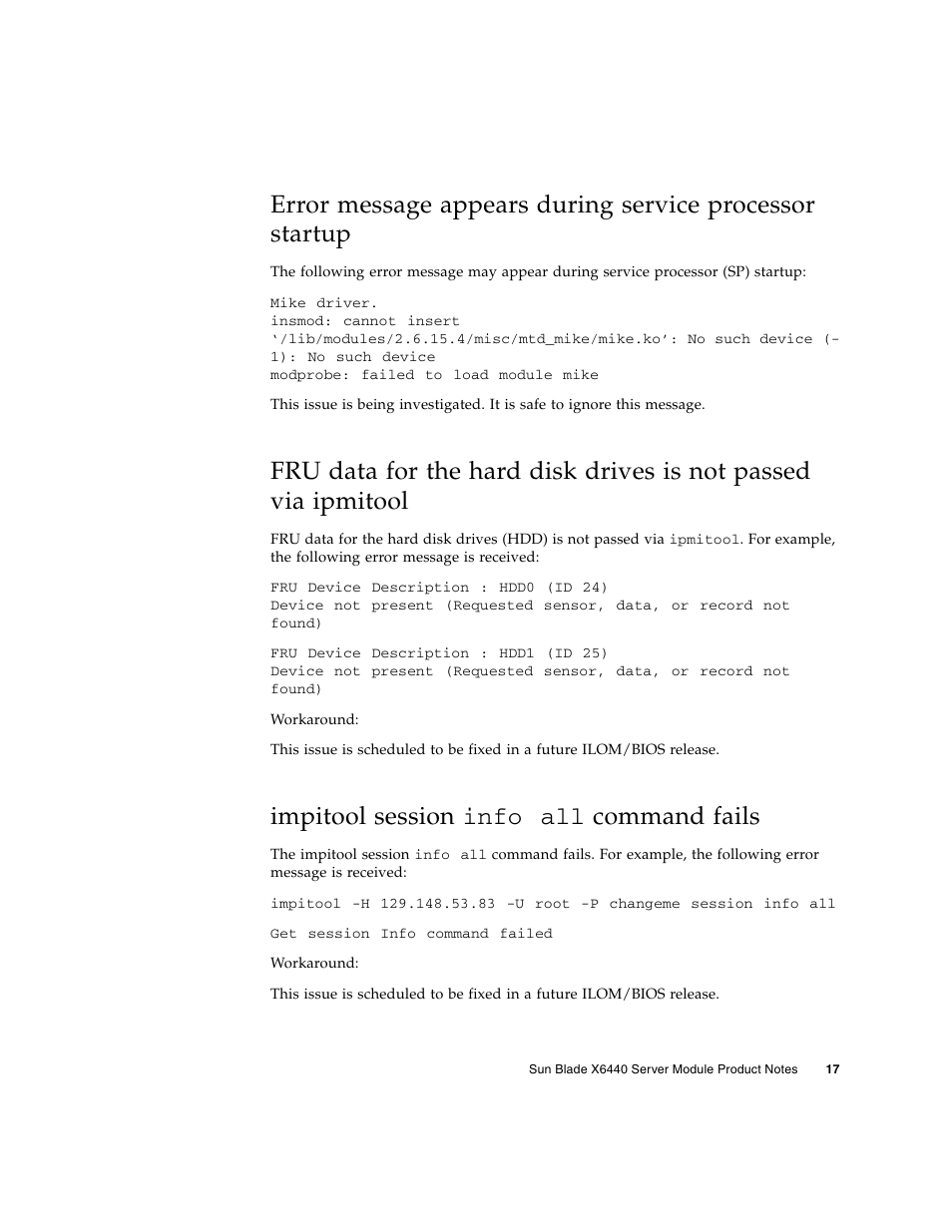 Impitool session info all command fails | Sun Microsystems SUN BLADETM X6440 User Manual | Page 19 / 28