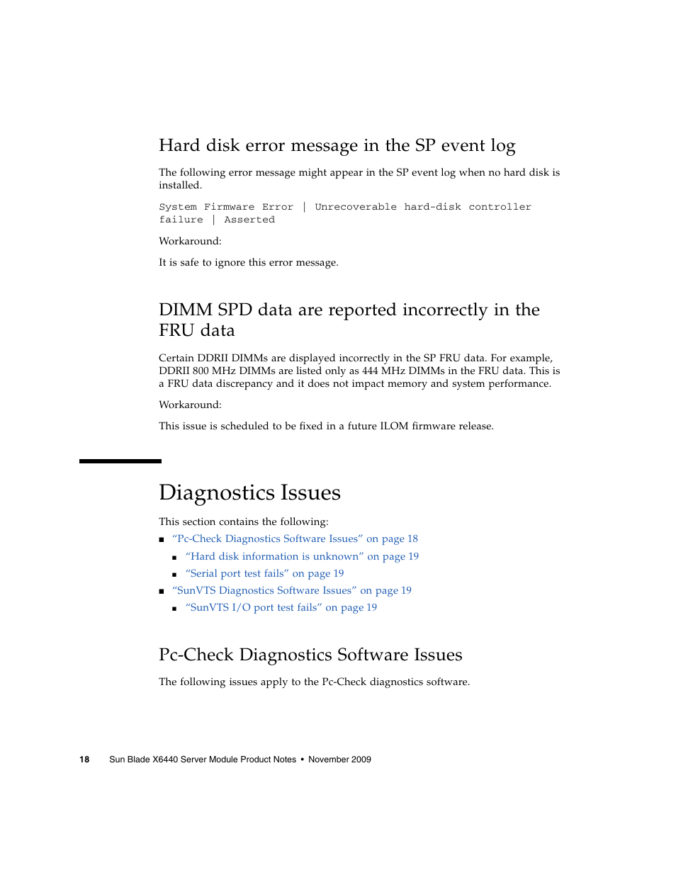 Hard disk error message in the sp event log, Diagnostics issues, Pc-check diagnostics software issues | Sun Microsystems SUN BLADETM X6440 User Manual | Page 20 / 28