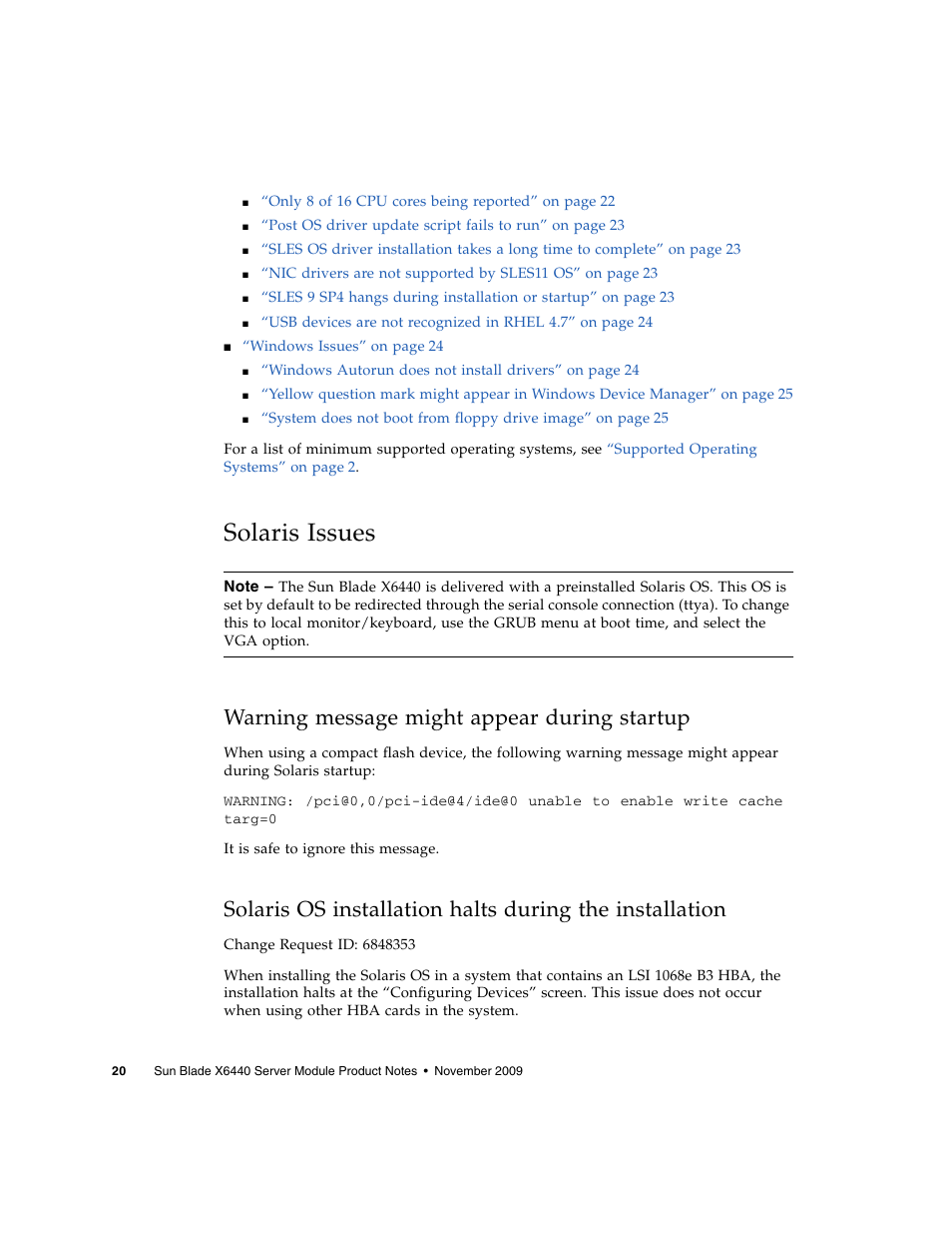 Solaris issues, Warning message might appear during startup | Sun Microsystems SUN BLADETM X6440 User Manual | Page 22 / 28
