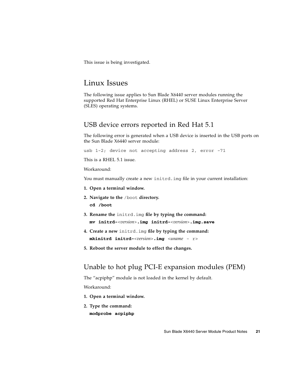 Linux issues, Usb device errors reported in red hat 5.1, Unable to hot plug pci-e expansion modules (pem) | Sun Microsystems SUN BLADETM X6440 User Manual | Page 23 / 28