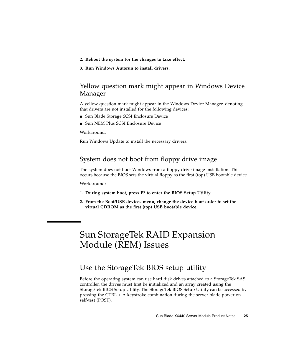 System does not boot from floppy drive image, Sun storagetek raid expansion module (rem) issues, Use the storagetek bios setup utility | Sun Microsystems SUN BLADETM X6440 User Manual | Page 27 / 28