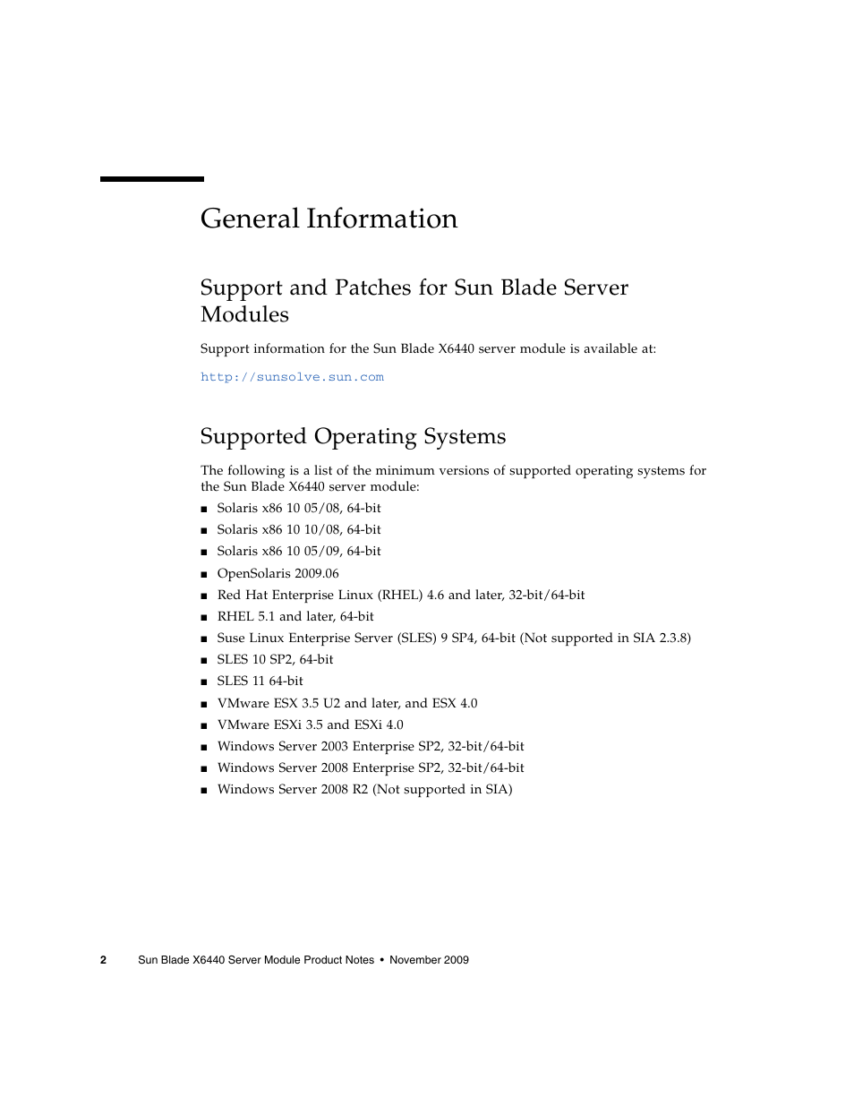 General information, Support and patches for sun blade server modules, Supported operating systems | Sun Microsystems SUN BLADETM X6440 User Manual | Page 4 / 28