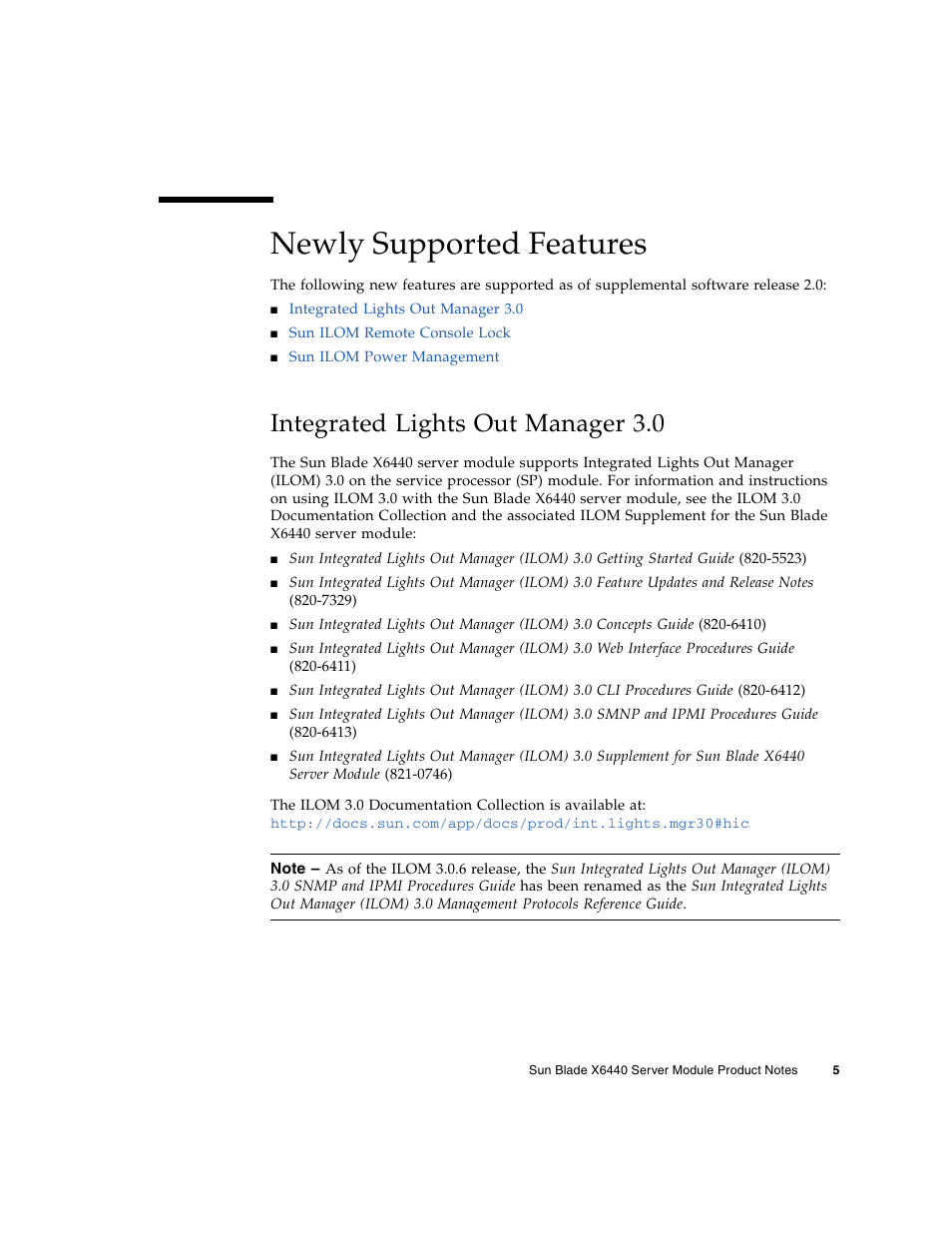 Newly supported features, Integrated lights out manager 3.0 | Sun Microsystems SUN BLADETM X6440 User Manual | Page 7 / 28