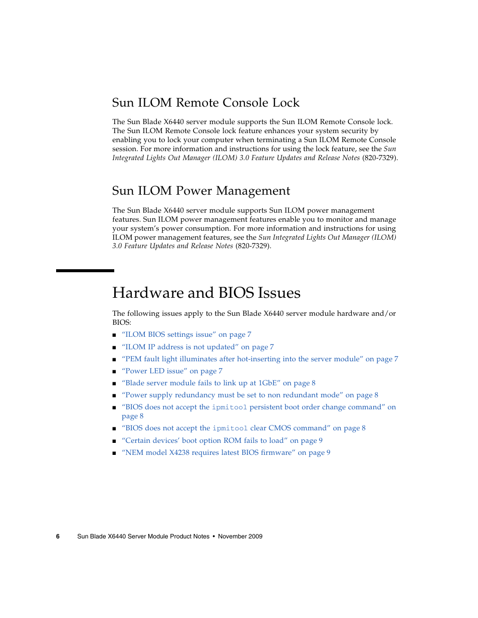 Sun ilom remote console lock, Sun ilom power management, Hardware and bios issues | Sun Microsystems SUN BLADETM X6440 User Manual | Page 8 / 28