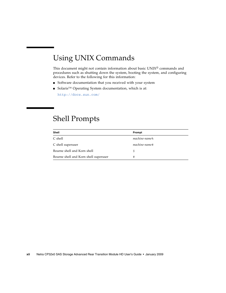 Using unix commands, Shell prompts | Sun Microsystems Netra CP32x0 User Manual | Page 12 / 66