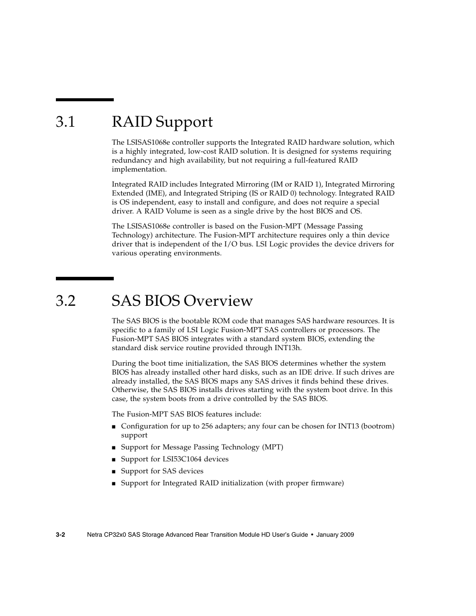 1 raid support, 2 sas bios overview, Raid support | Sas bios overview | Sun Microsystems Netra CP32x0 User Manual | Page 46 / 66