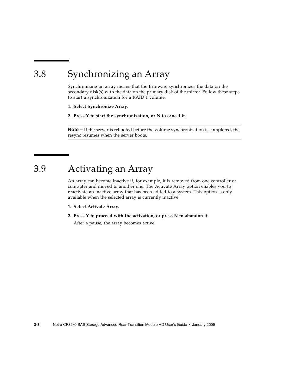 8 synchronizing an array, 9 activating an array, Synchronizing an array | Activating an array | Sun Microsystems Netra CP32x0 User Manual | Page 52 / 66