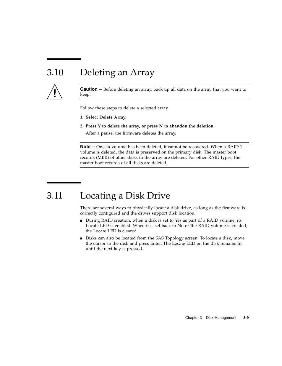 10 deleting an array, 11 locating a disk drive, Deleting an array | Locating a disk drive | Sun Microsystems Netra CP32x0 User Manual | Page 53 / 66