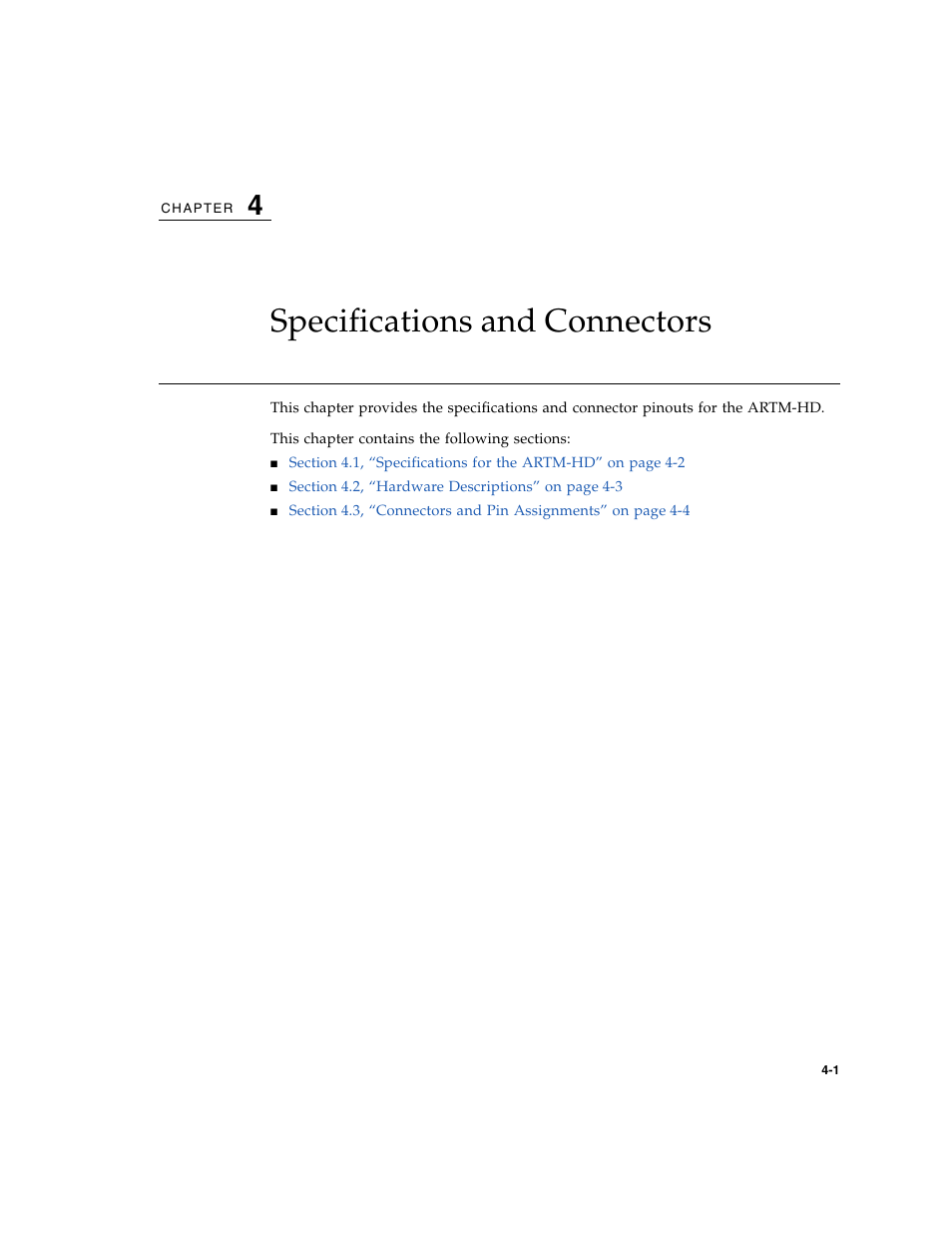 Specifications and connectors, Chapter 4 | Sun Microsystems Netra CP32x0 User Manual | Page 55 / 66